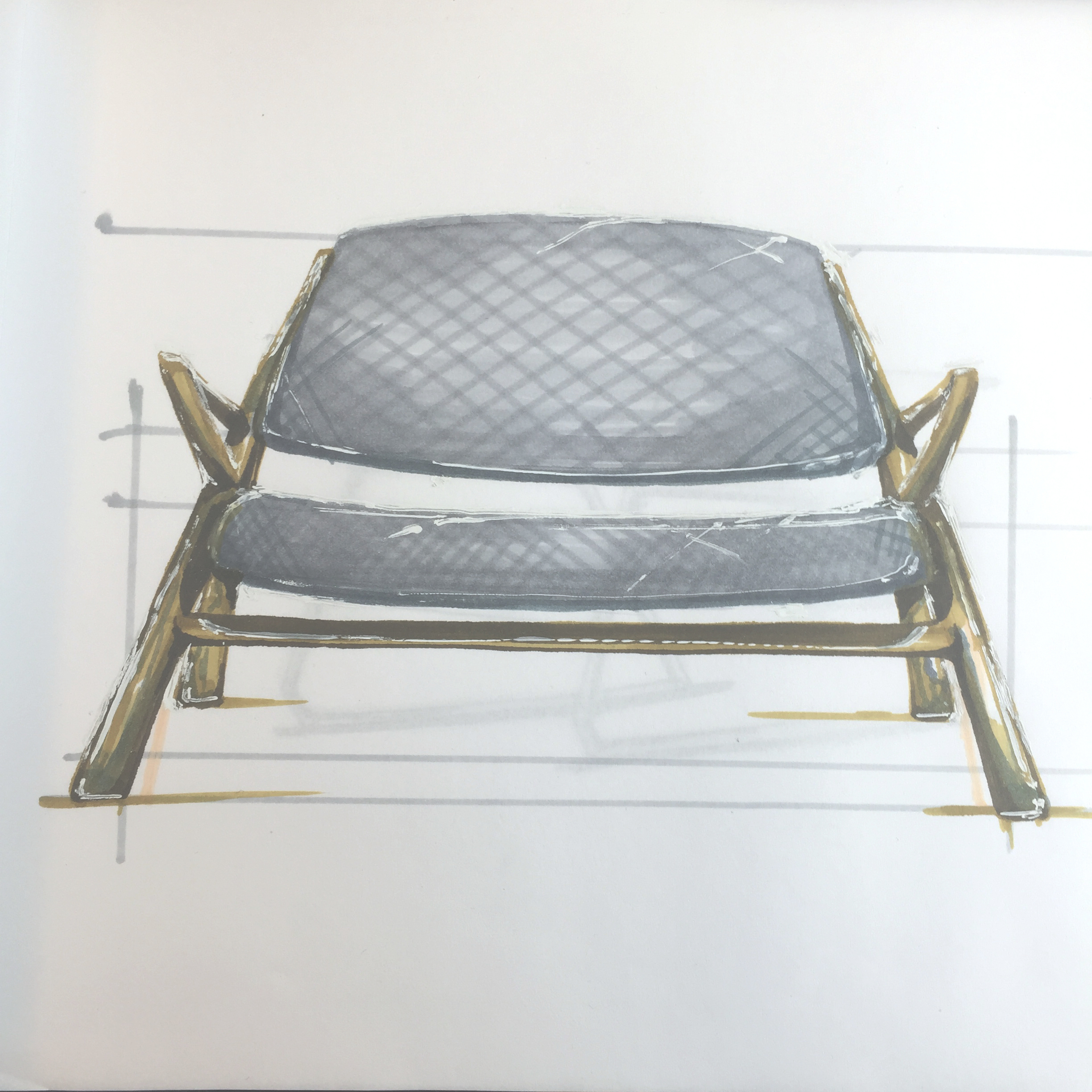 Armchair marker render, walnut and wool, by Sebastian Galo